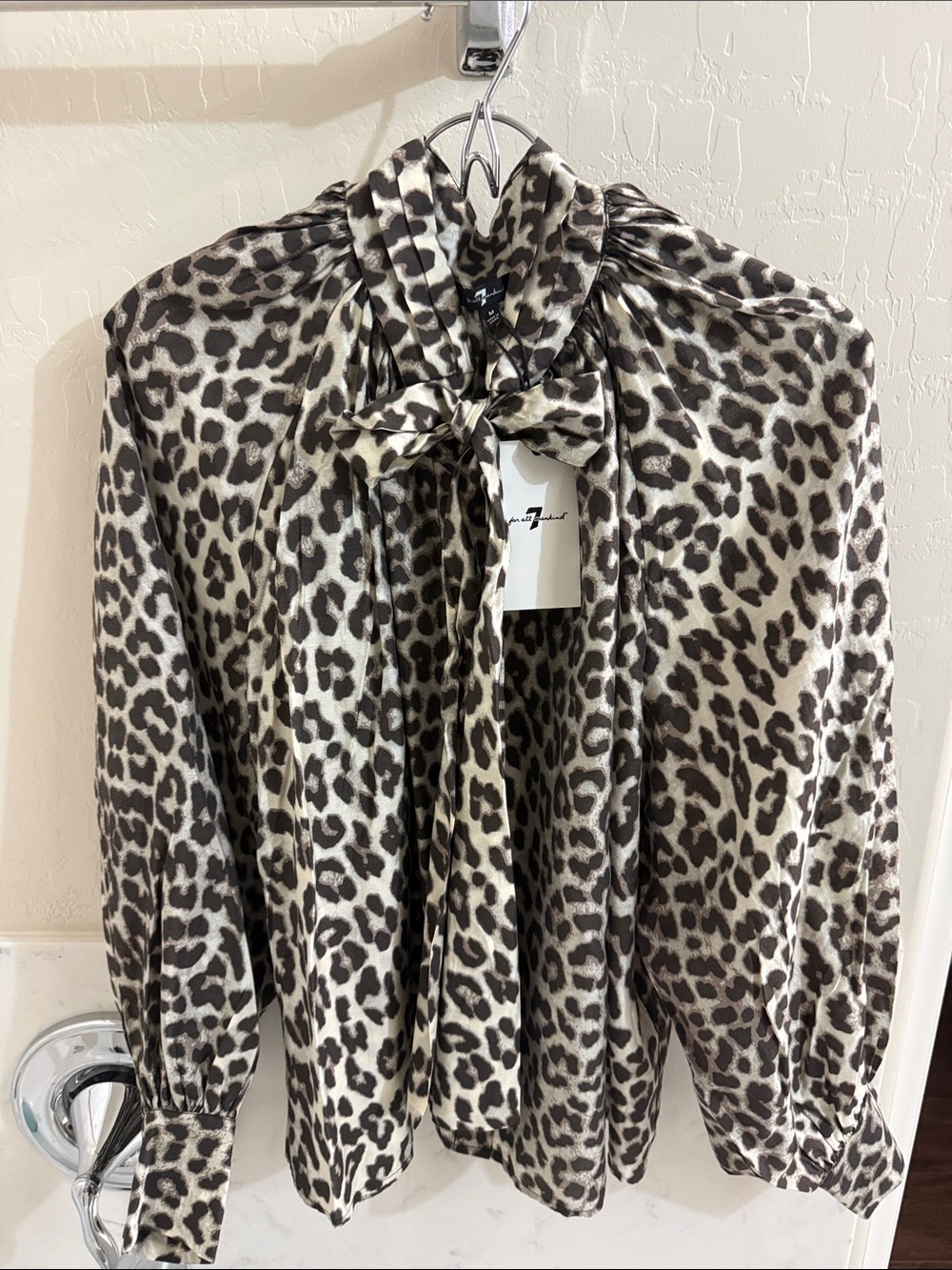 7 For All Mankind Leopard Print Tie-Neck Blouse in Neutral also size L